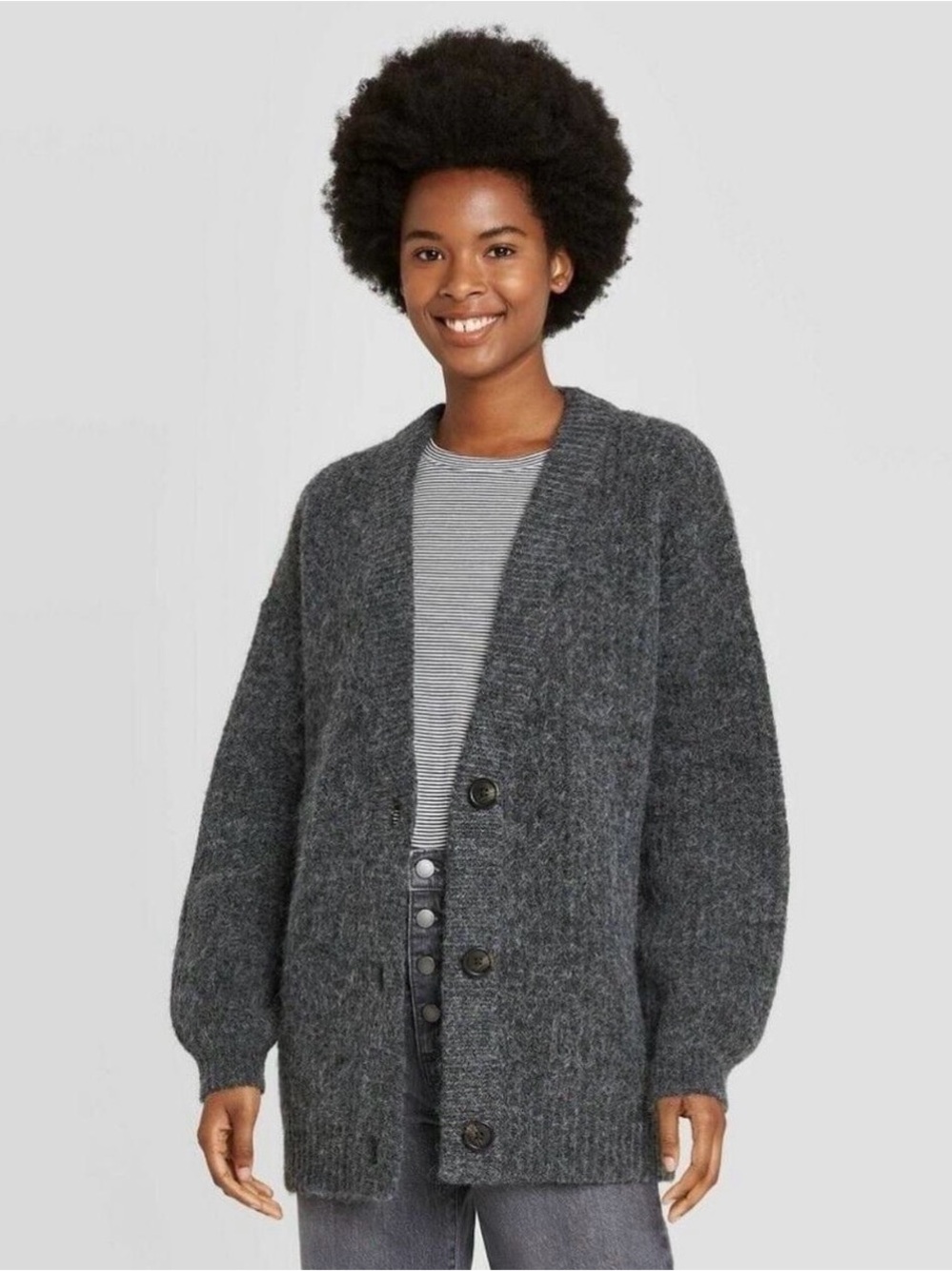 Universal Thread Charcoal Gray Button-Front Fuzzy Cardigan